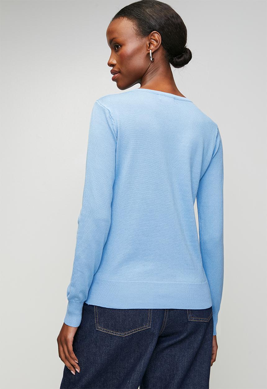 Izabel London - Long sleeve Crew Neck Button Through Cardi - Blue