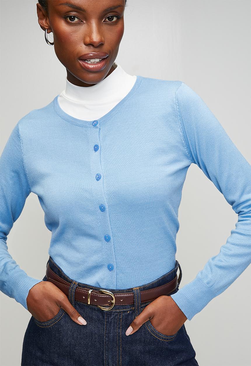 Izabel London - Long sleeve Crew Neck Button Through Cardi - Blue