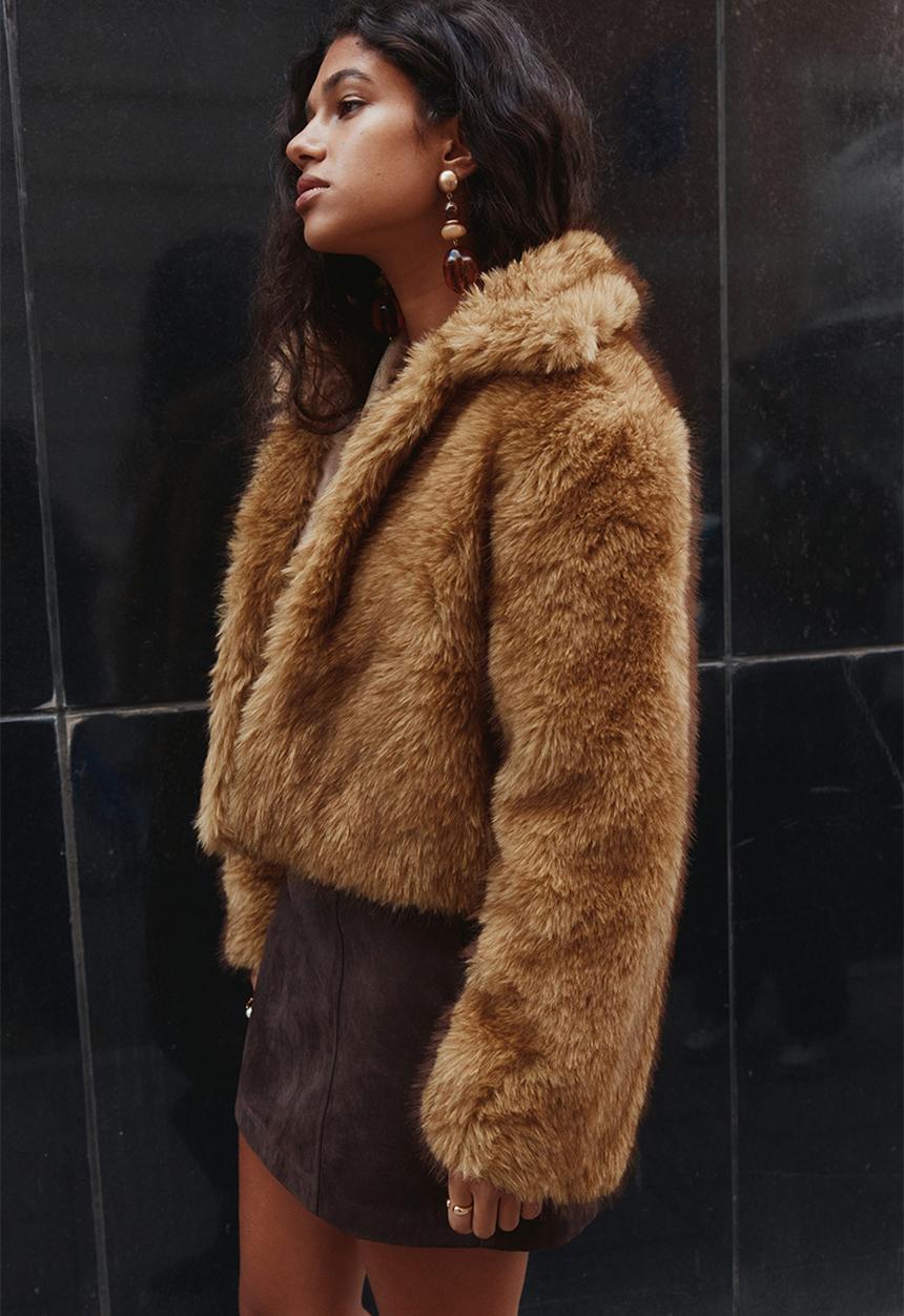 H&M - Cropped fluffy jacket - dark beige