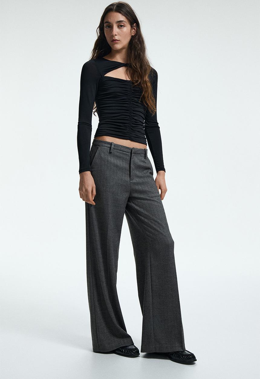 H&M - Wide tailored trousers - dark grey/herringbone pattern