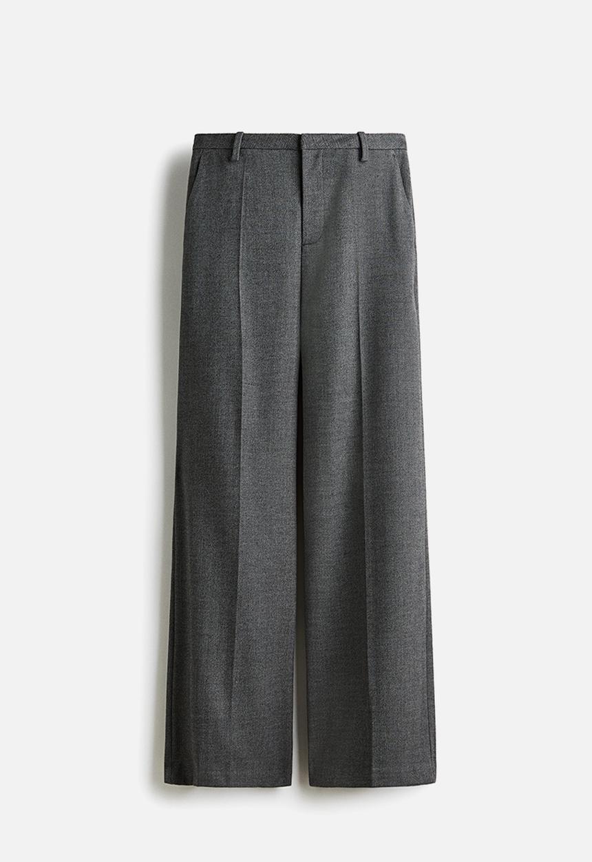 H&M - Wide tailored trousers - dark grey/herringbone pattern