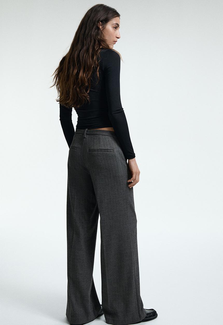 H&M - Wide tailored trousers - dark grey/herringbone pattern