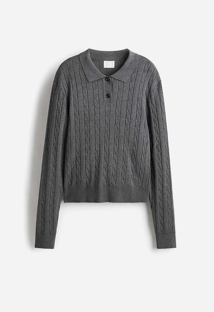 H&M - Cable-knit polo shirt - grey marl