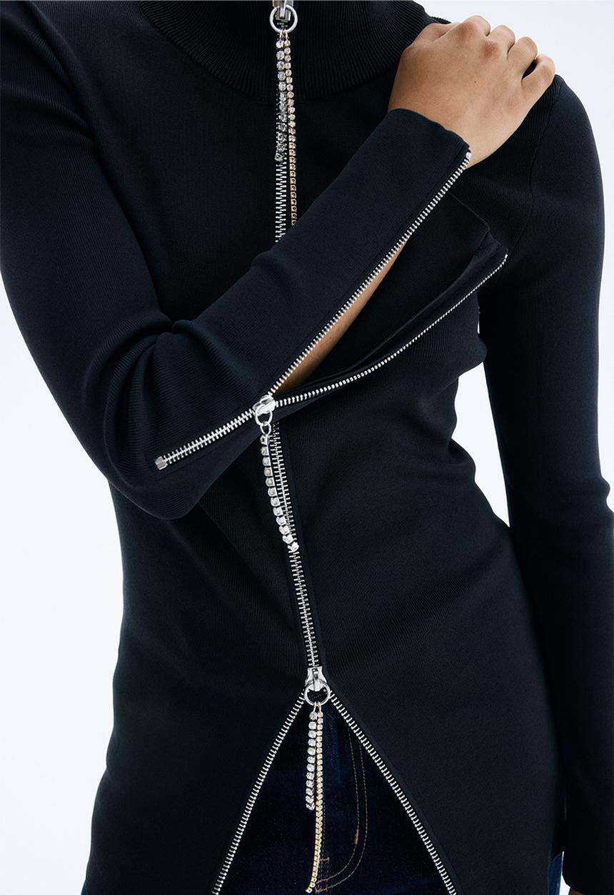 Rhinestone-detail zip-through top - dark grey - 1307743001