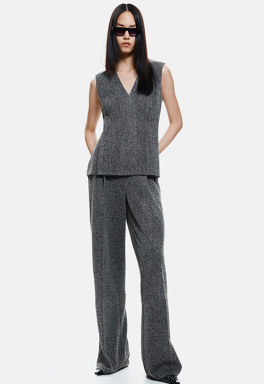 H&M - V-neck top - dark grey/herringbone pattern