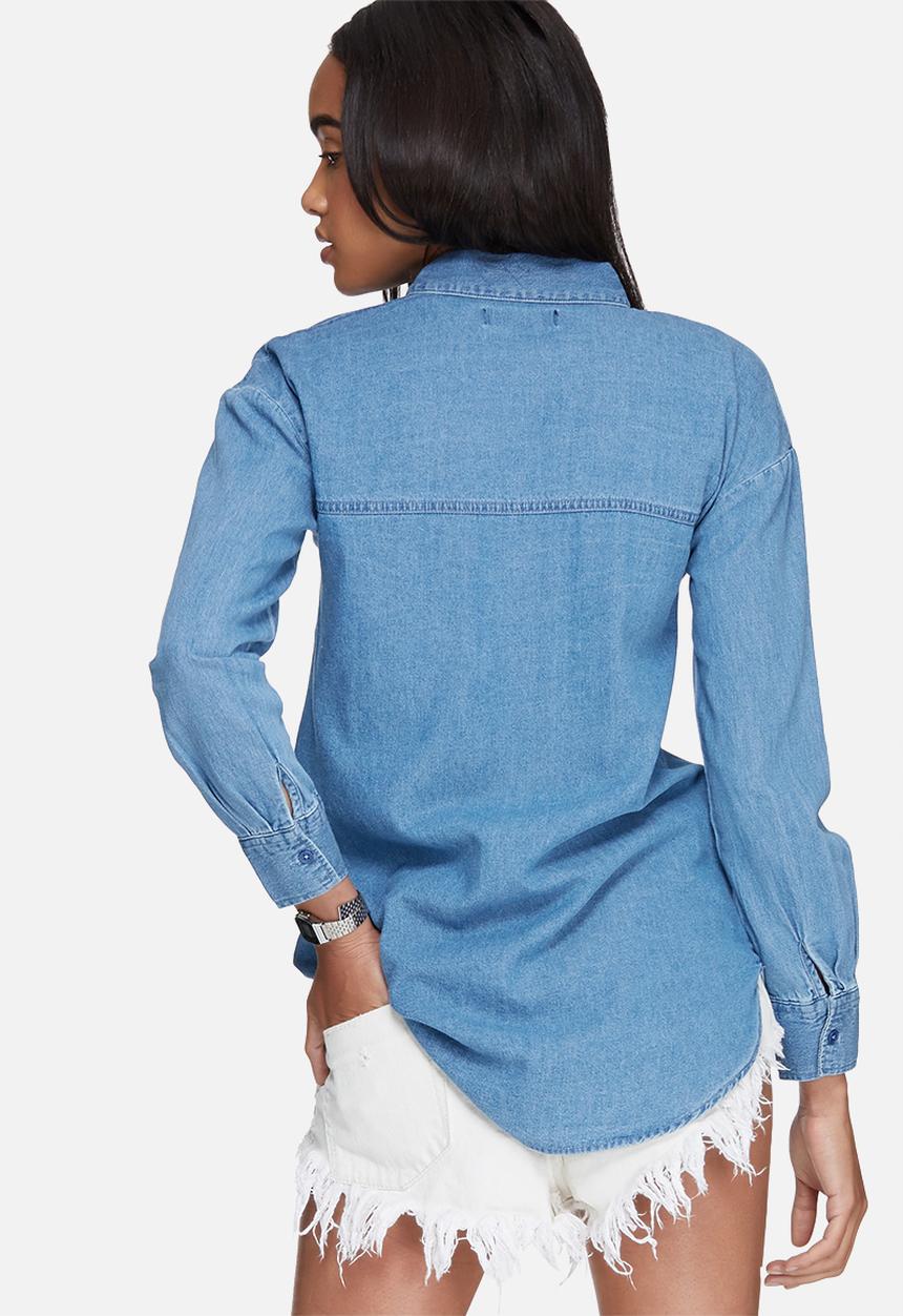 Daisy Street - Longline denim shirt with collar embroidery