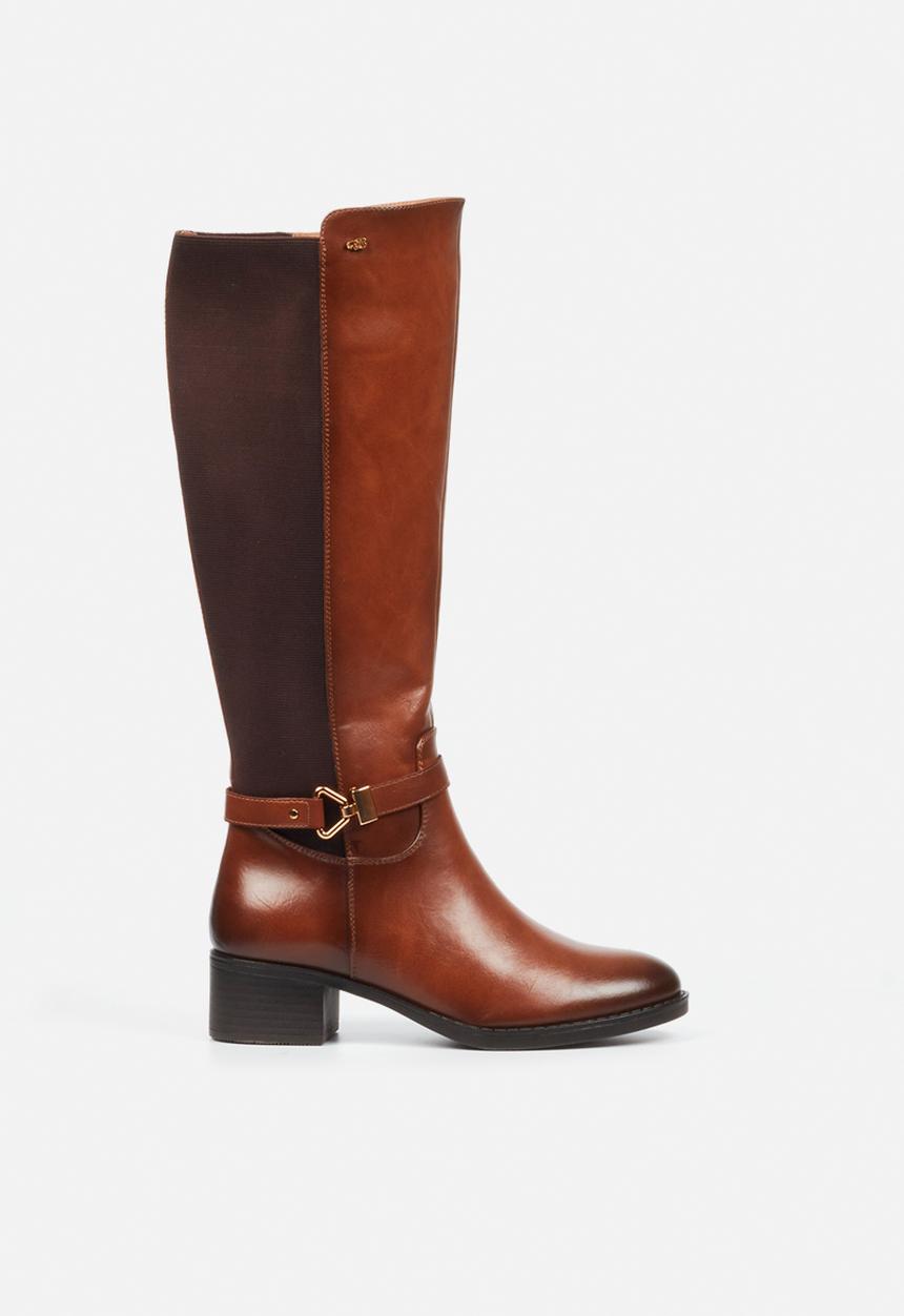 Miss Black - Earth 1 gold buckle stretch rider boot - tan