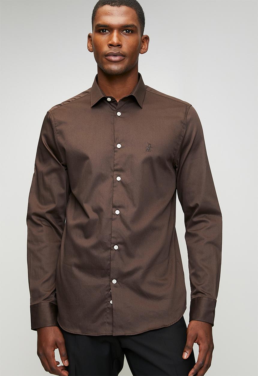 POLO - Greig  Essential Sateen Long Sleeve Shirt - Chocolate
