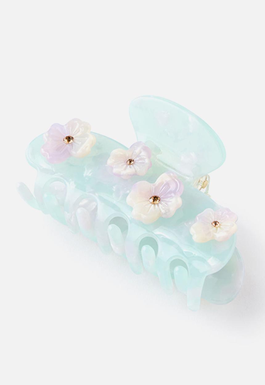 Rubi - Lily Hair Claw - Green Marble Diamante Flower