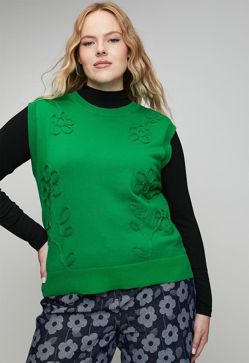 Me&B - Plus Cornelli Flower Sleeveless Vest - Green