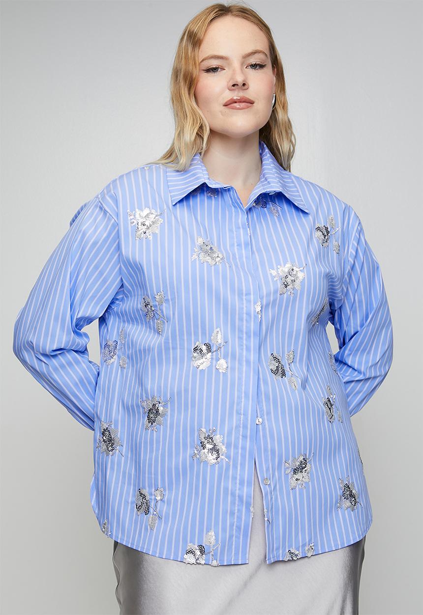 Me&B - Plus Luxe Stripe Sequined Shirt - Blue