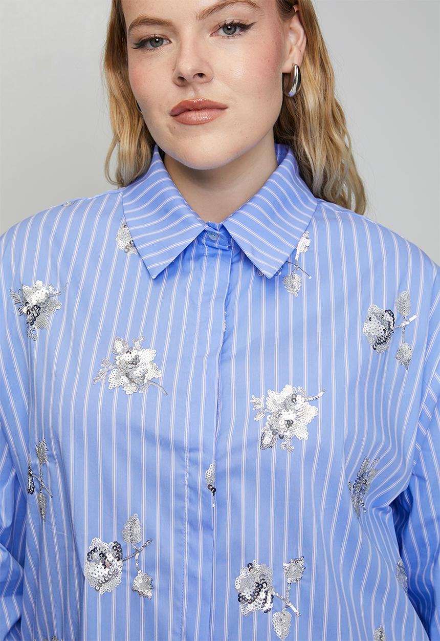 Me&B - Plus Luxe Stripe Sequined Shirt - Blue