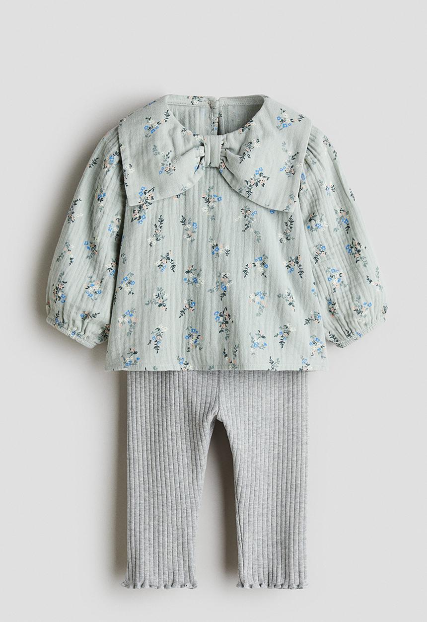H&M - 2-piece blouse and leggings set - mint green/floral