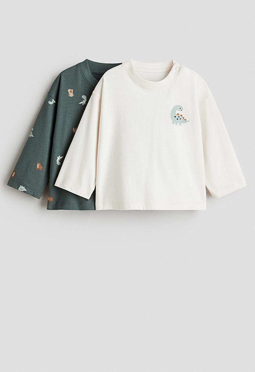 H&M - 2-pack long-sleeved cotton t-shirts - dark green/dinosaurs