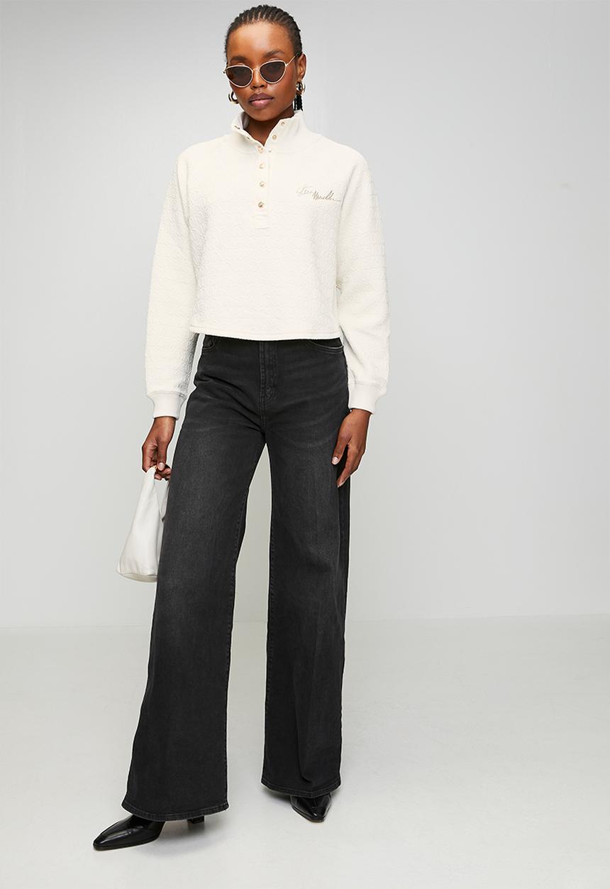 Ladies janet jacquard henley sweat top - cream