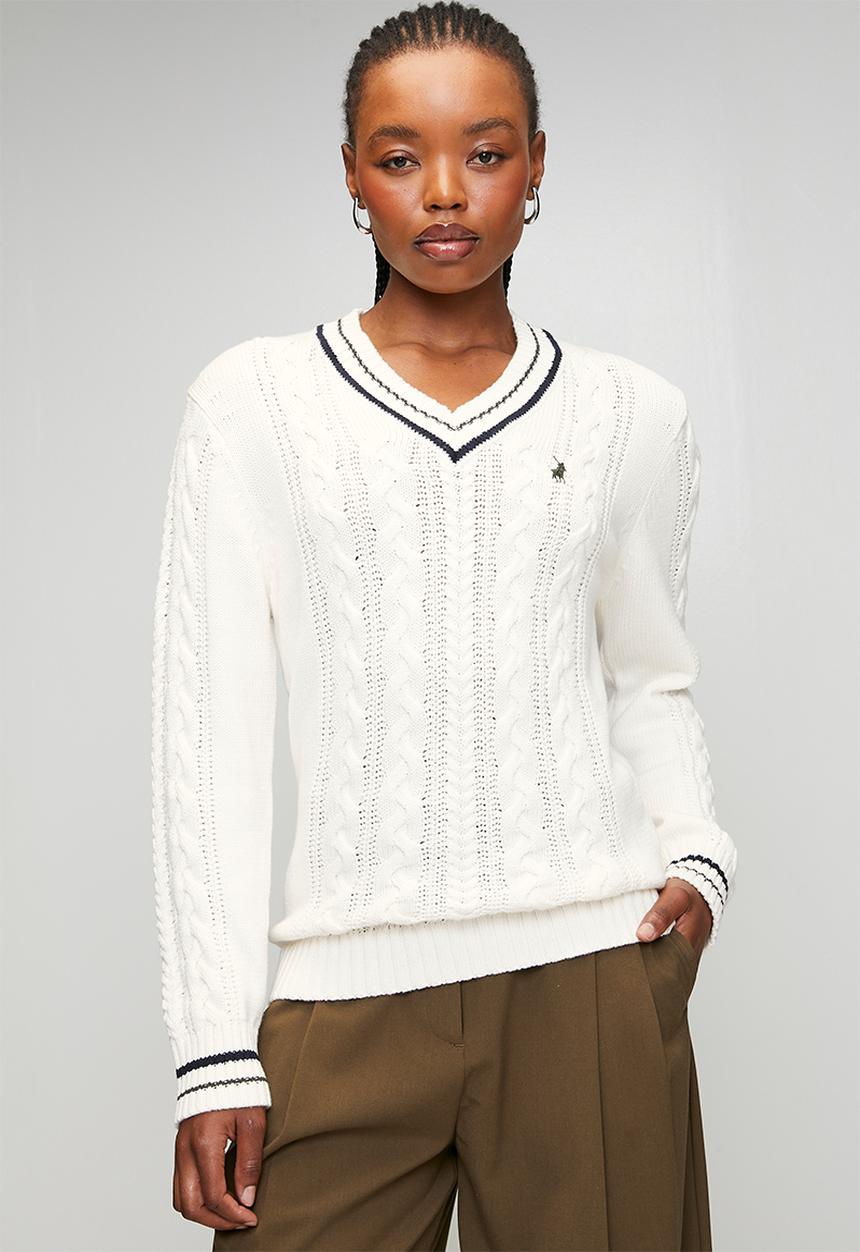 Wmn Jane Ls V-Neck Cable Knit - Off White