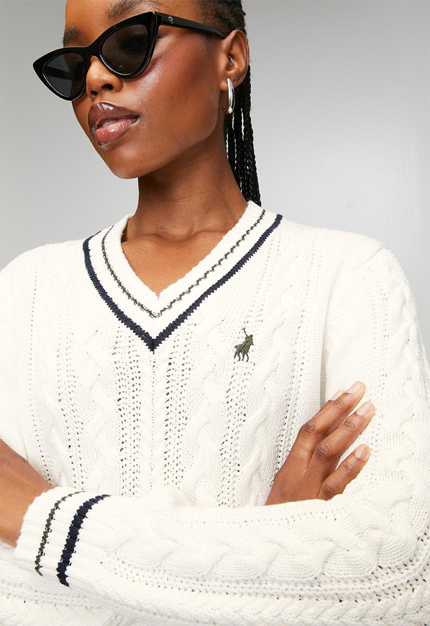 Wmn Jane Ls V-Neck Cable Knit - Off White