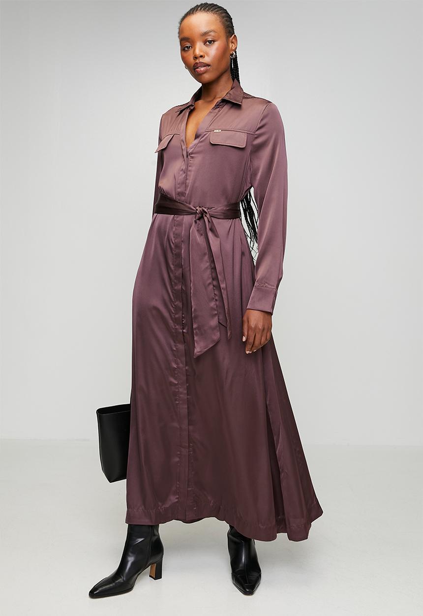 POLO - Wmn Lara Satin Long sleeve Shirt Dress - Huckelberry