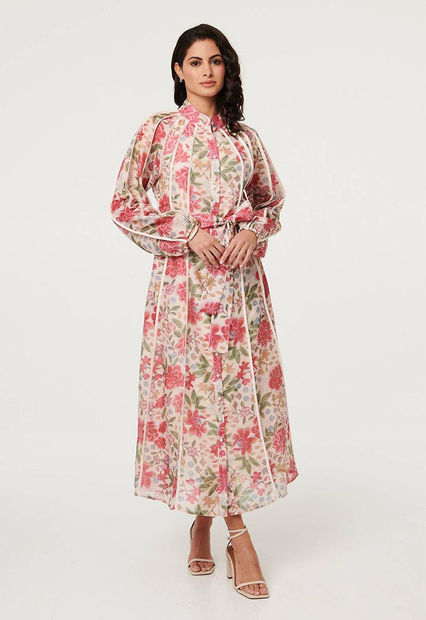 Stella Morgan - L/S Mandarin Collar Button Through Maxi Dress With Binding Throughout - Multi Pink
