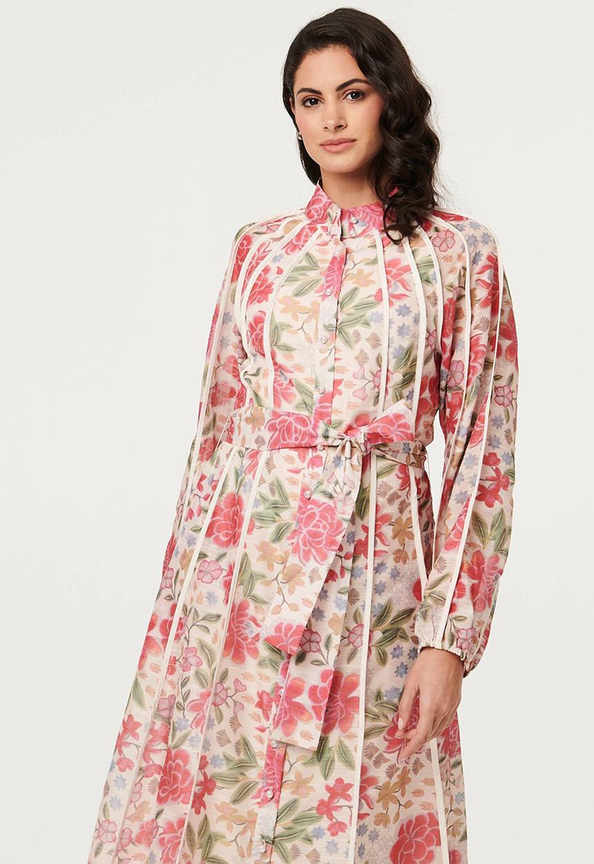 Stella Morgan - L/S Mandarin Collar Button Through Maxi Dress With Binding Throughout - Multi Pink