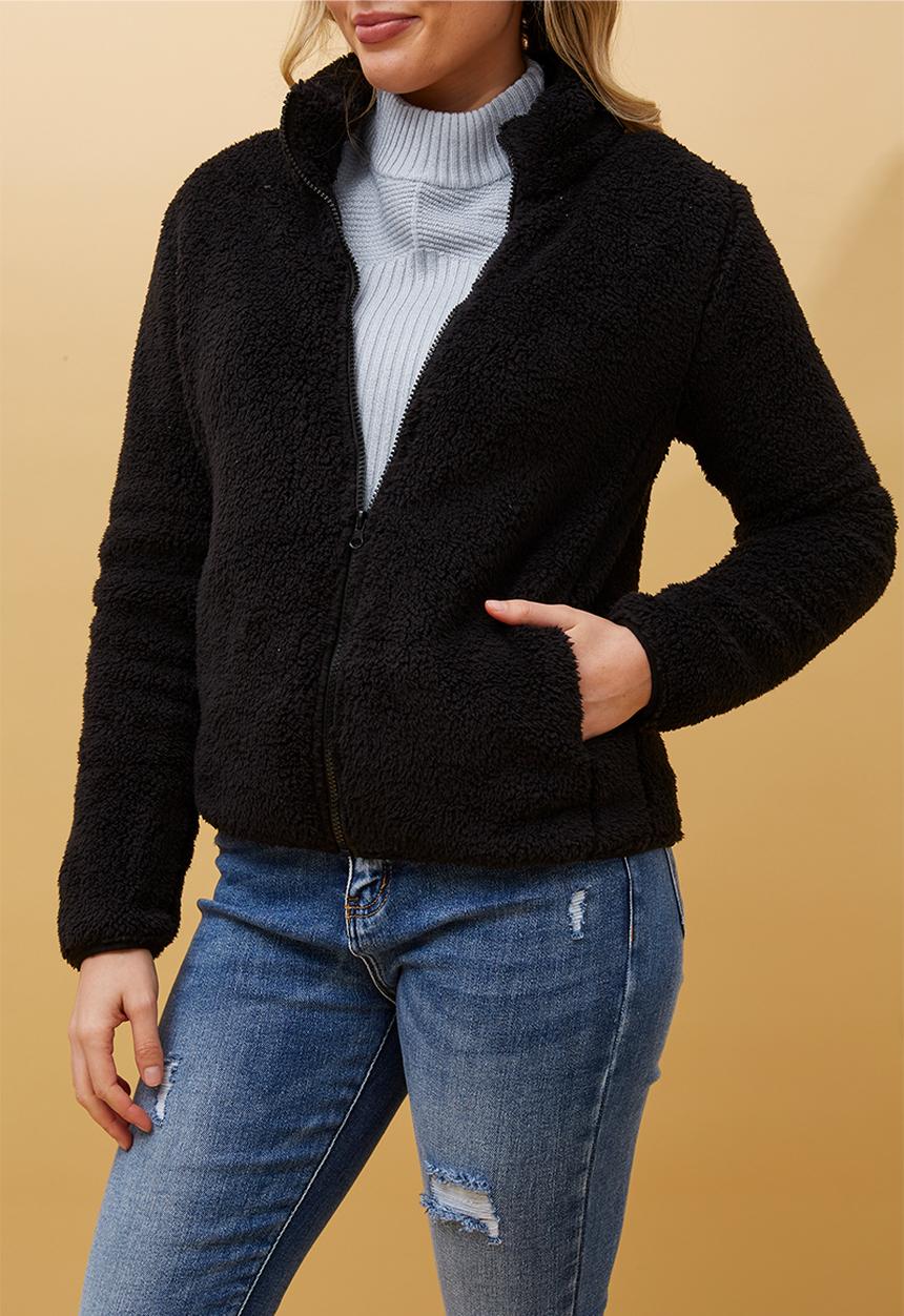 Izabel London - L/S Teddy Zip Through Jacket - Black