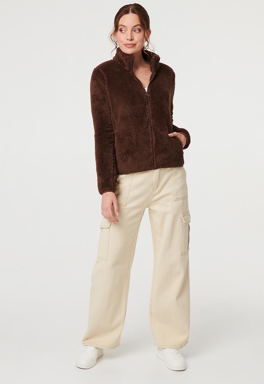 Izabel London - L/S Teddy Zip Through Jacket - Chocolate