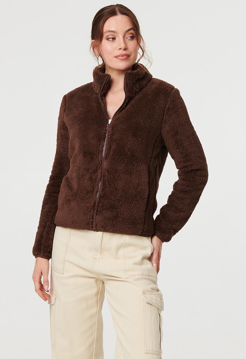 Izabel London - L/S Teddy Zip Through Jacket - Chocolate