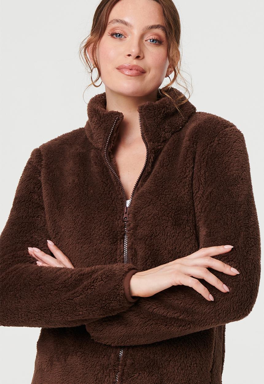 Izabel London - L/S Teddy Zip Through Jacket - Chocolate