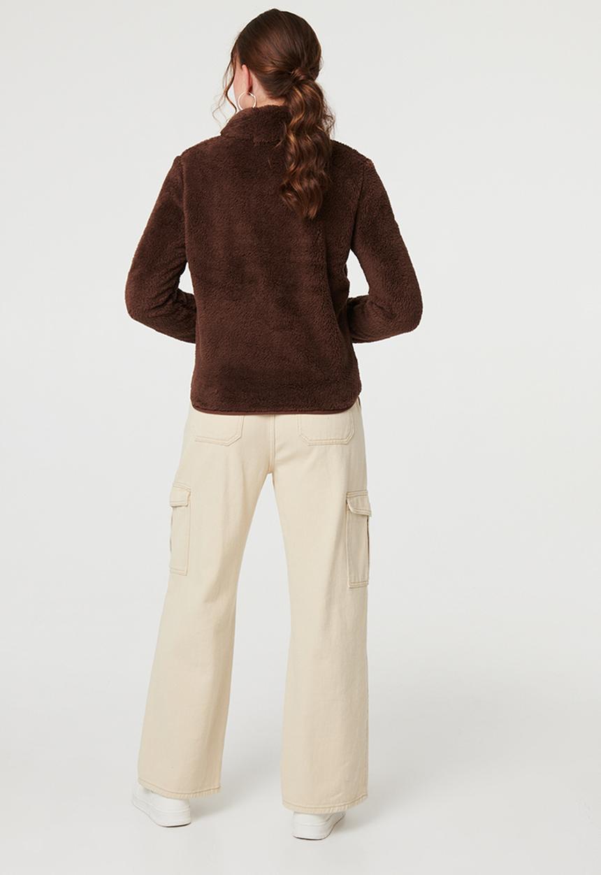 Izabel London - L/S Teddy Zip Through Jacket - Chocolate