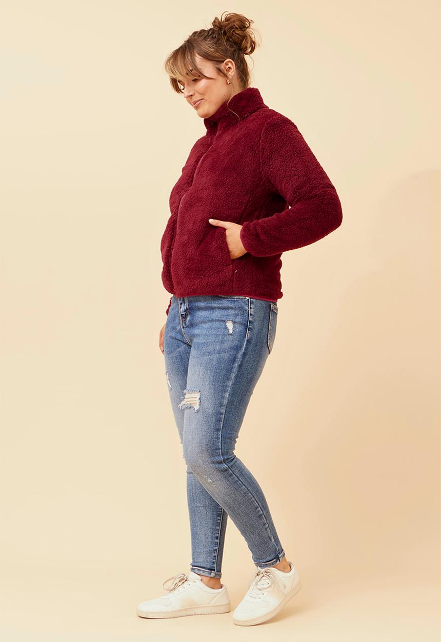 MANDI - L/S Teddy Zip Through Jacket - Red Dahlia