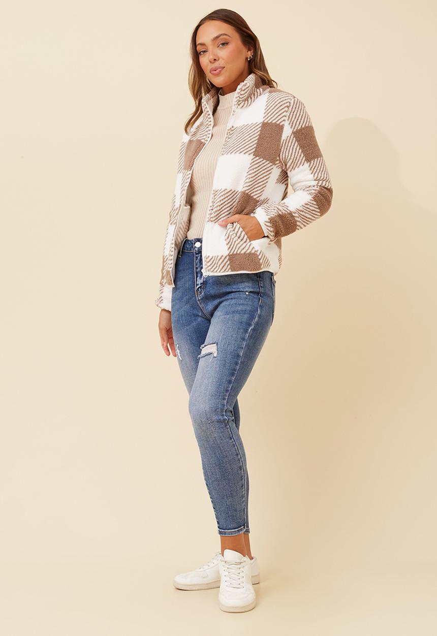 MANDI - L/S Checked Teddy Zip Through Jacket - Brown & White
