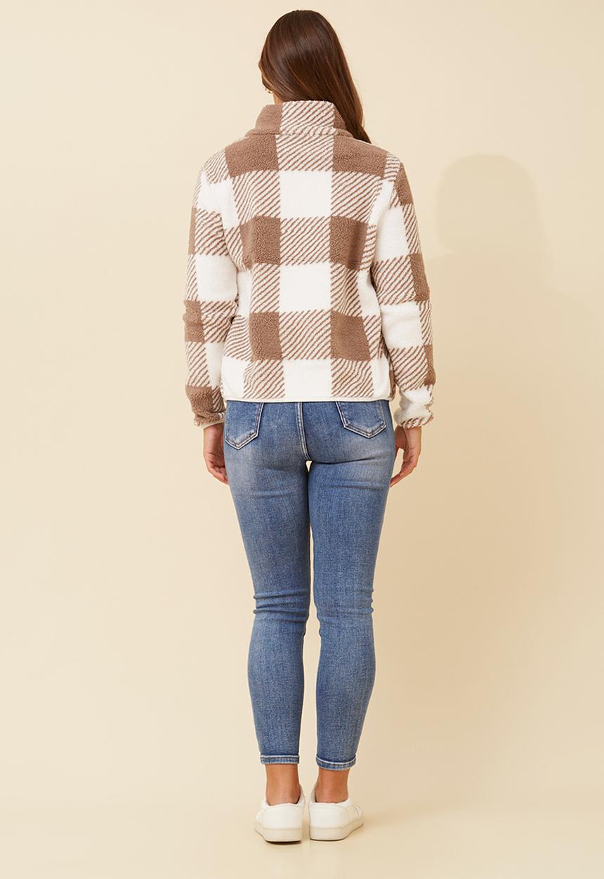 MANDI - L/S Checked Teddy Zip Through Jacket - Brown & White