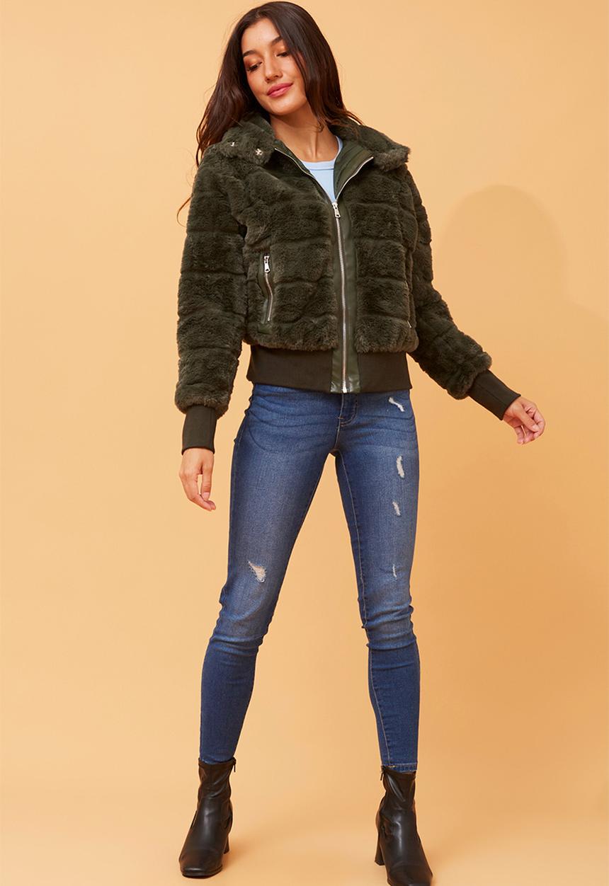 Izabel London - L/S Faux Fur Zip Through Jacket - Olive
