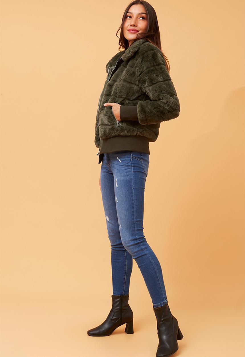 Izabel London - L/S Faux Fur Zip Through Jacket - Olive