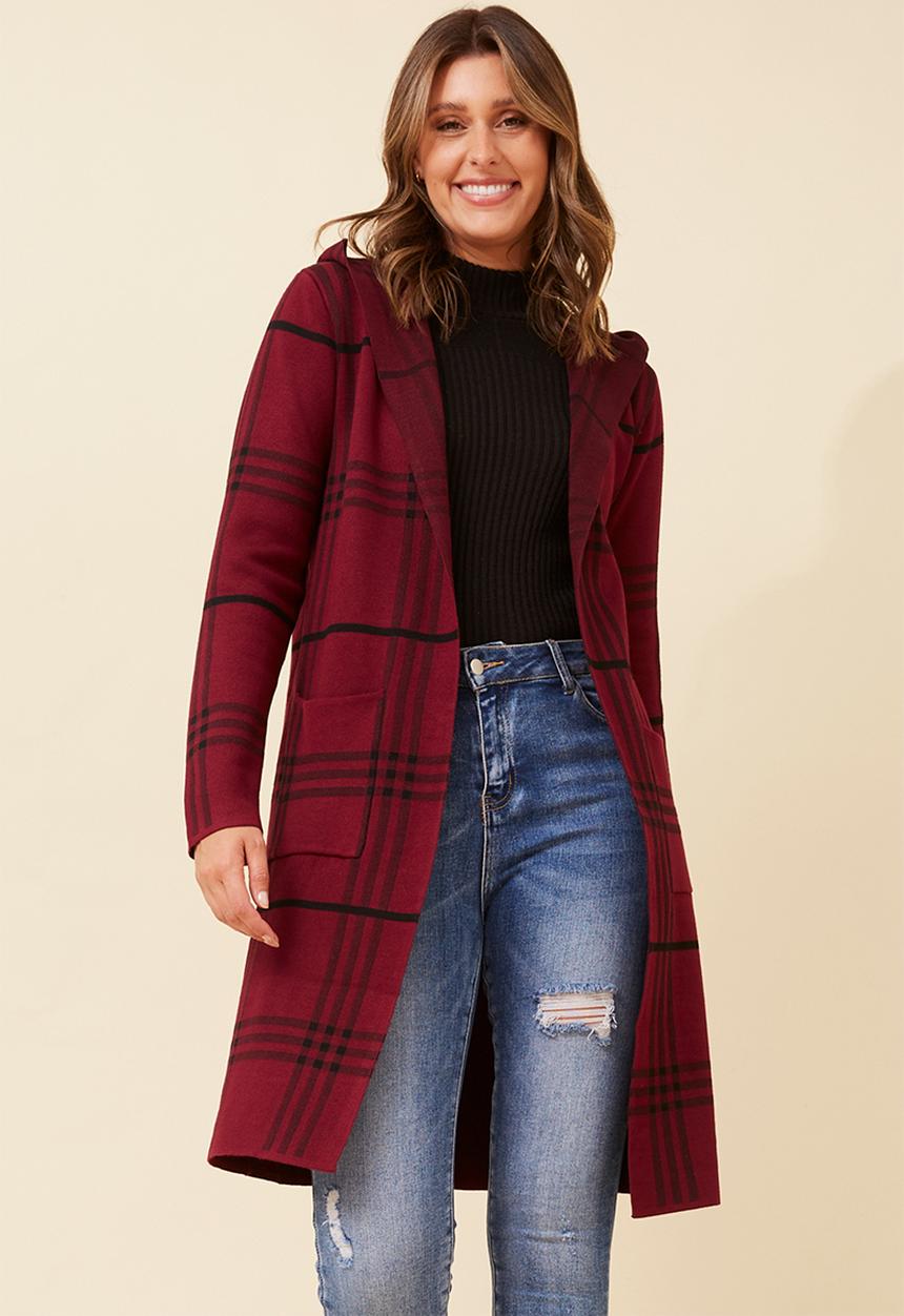 Izabel London - L/S Longer Length Check Cardi Sweater - Burgundy