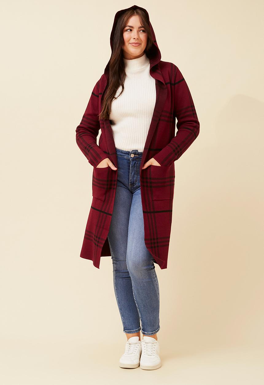 Izabel London - L/S Longer Length Check Cardi Sweater - Burgundy