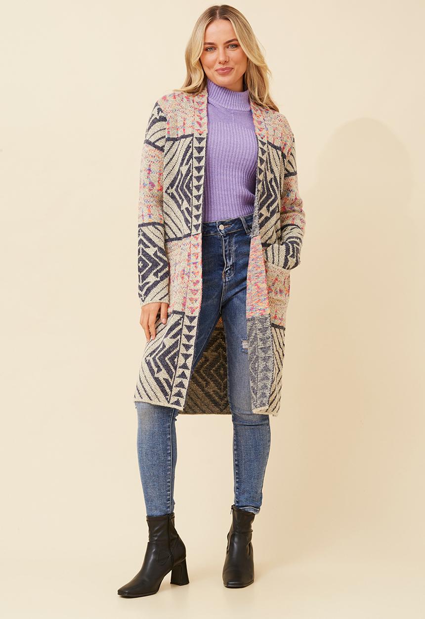 MANDI - L//S Open Longer Length Cardi - Multi Beige