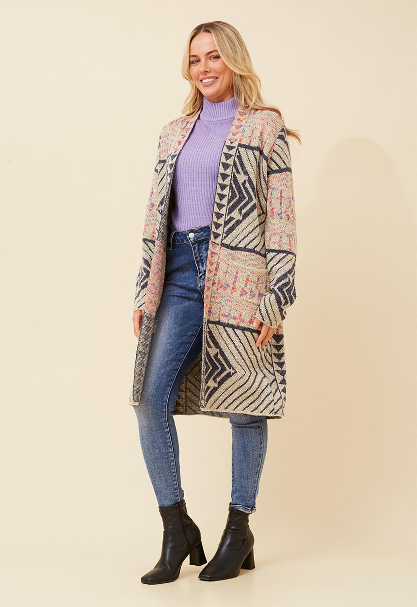 MANDI - L//S Open Longer Length Cardi - Multi Beige