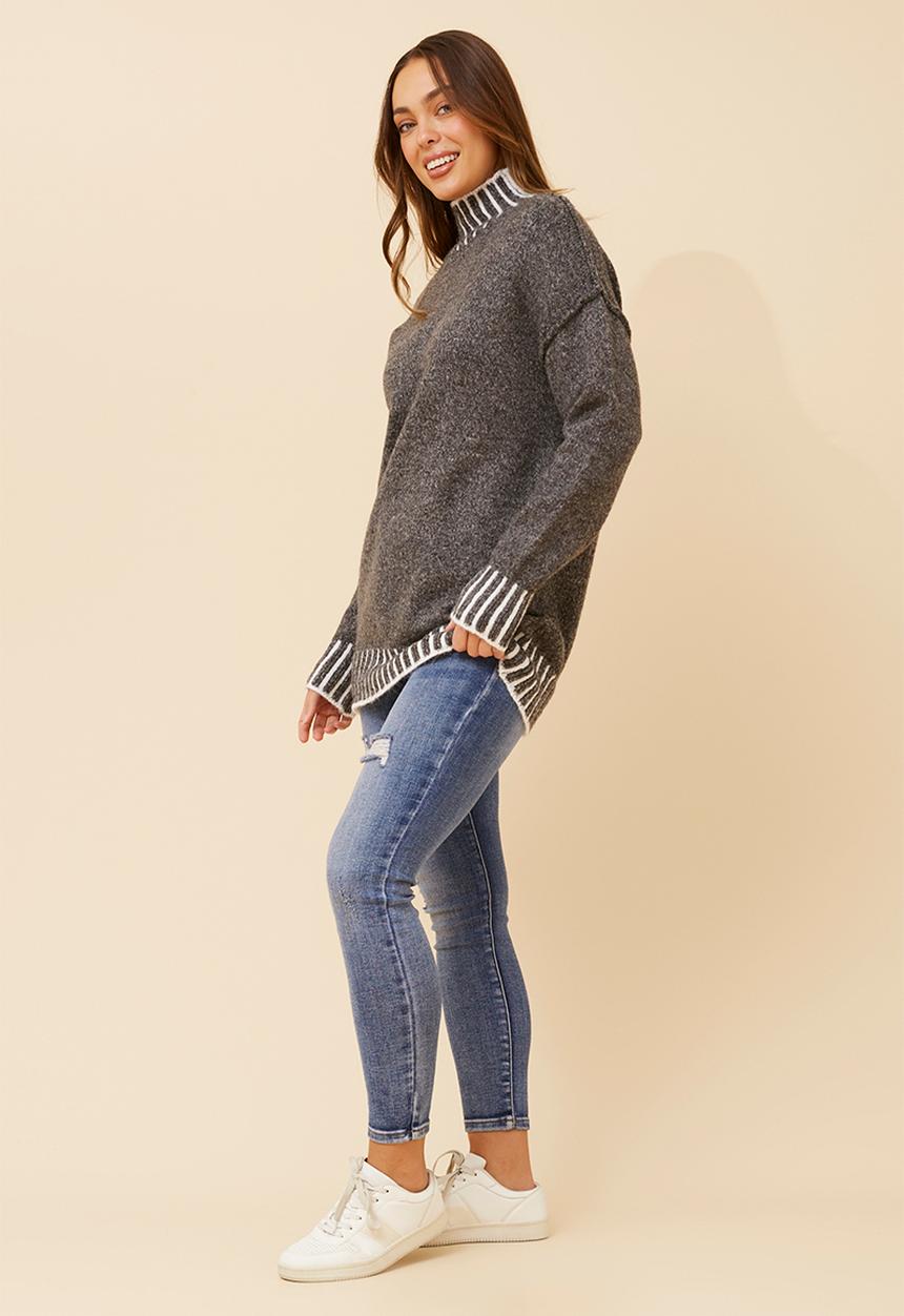 Izabel London - L/S Longer Length High Neck Melange Sweater - Charcoal