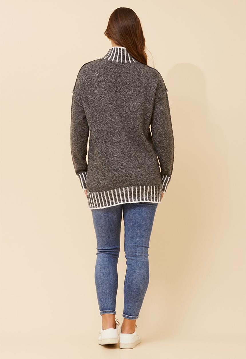 Izabel London - L/S Longer Length High Neck Melange Sweater - Charcoal