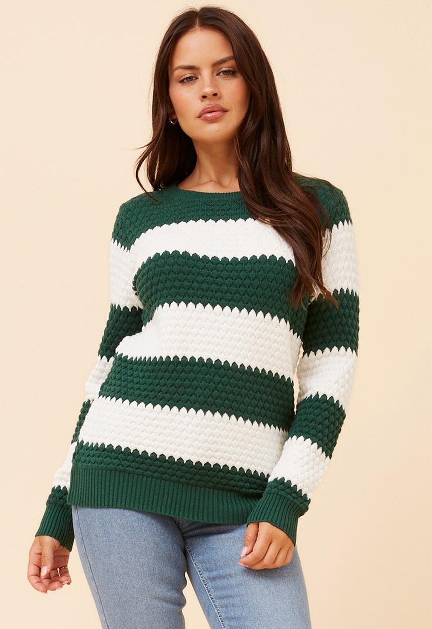 Stella Morgan - L/S Easy Wearing Irregular Stripe Sweater - Emerald