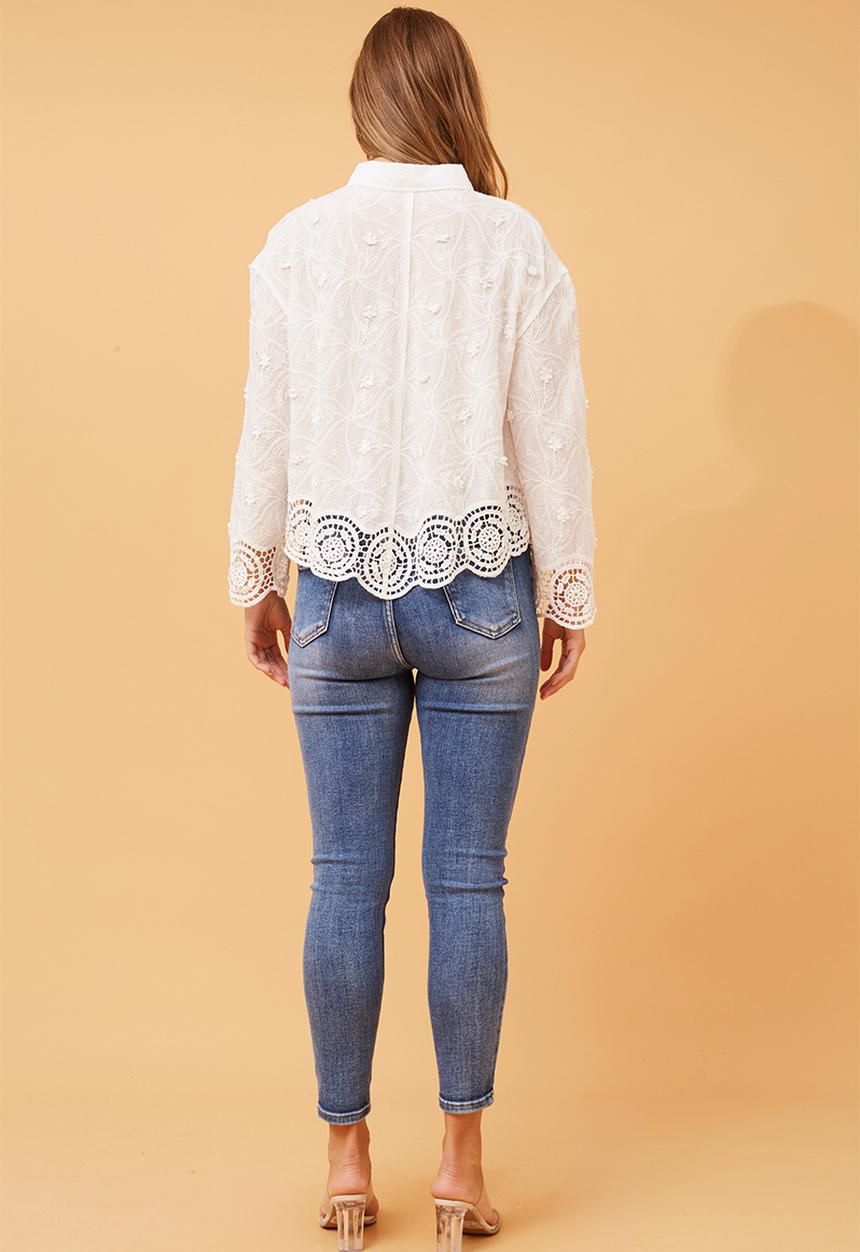 Stella Morgan - L/S Easy Wearing V-Neck Button Through Lace At Cuff And Sleeve Blouse - White