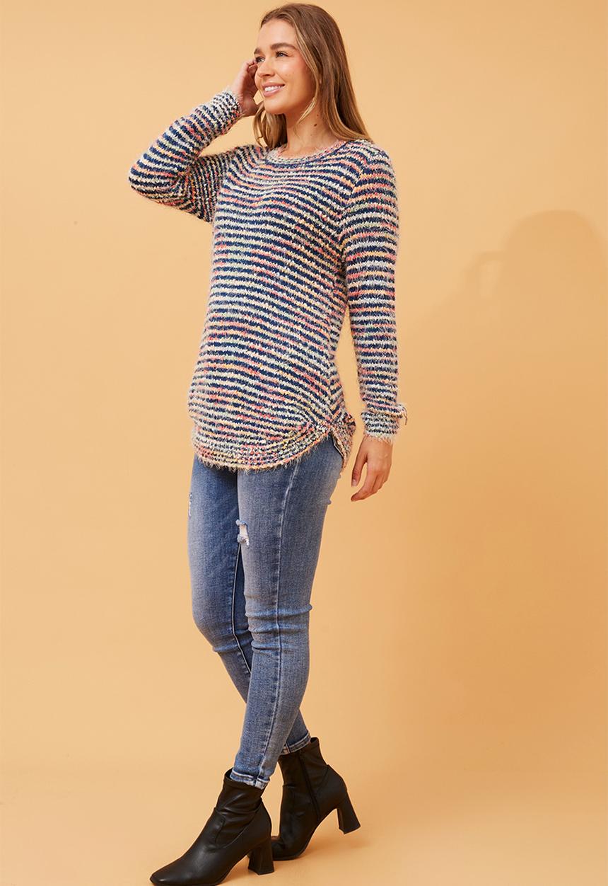 Stella Morgan - L/S Crew Neck Ribbon And Lace Sripe Sweaer Muli Colour Scoop Hem - Multti Blue