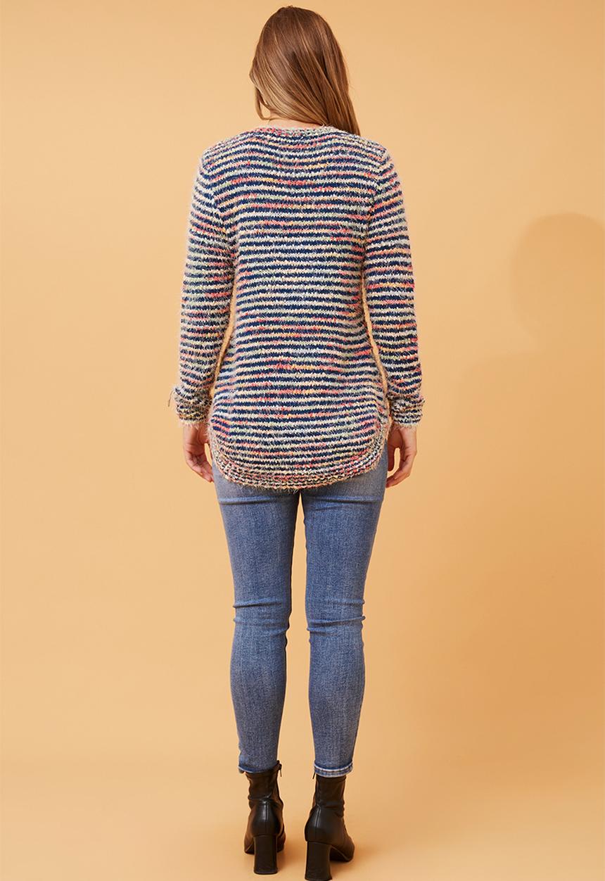 Stella Morgan - L/S Crew Neck Ribbon And Lace Sripe Sweaer Muli Colour Scoop Hem - Multti Blue