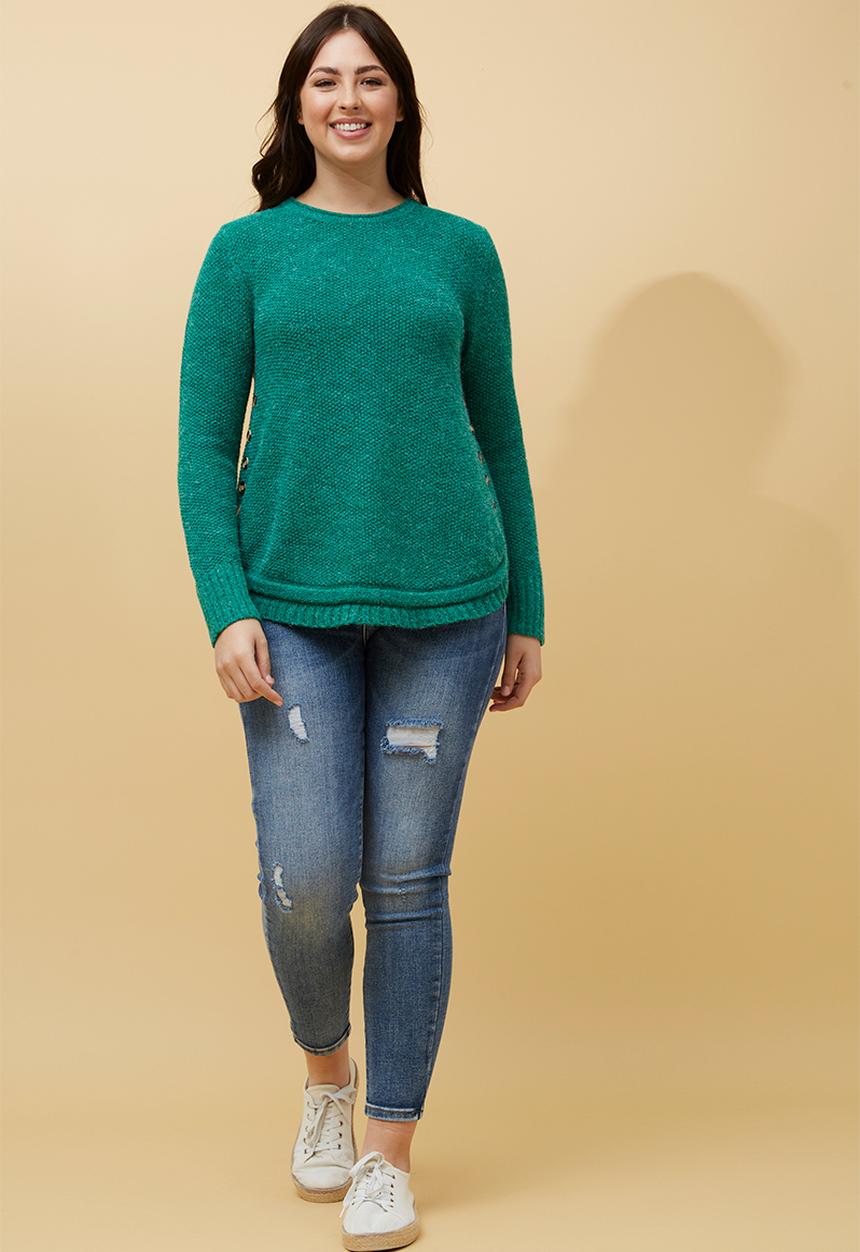 MANDI - L/S Waffle Sweater With Side Wood Buttons And Scooped Hem - Teal
