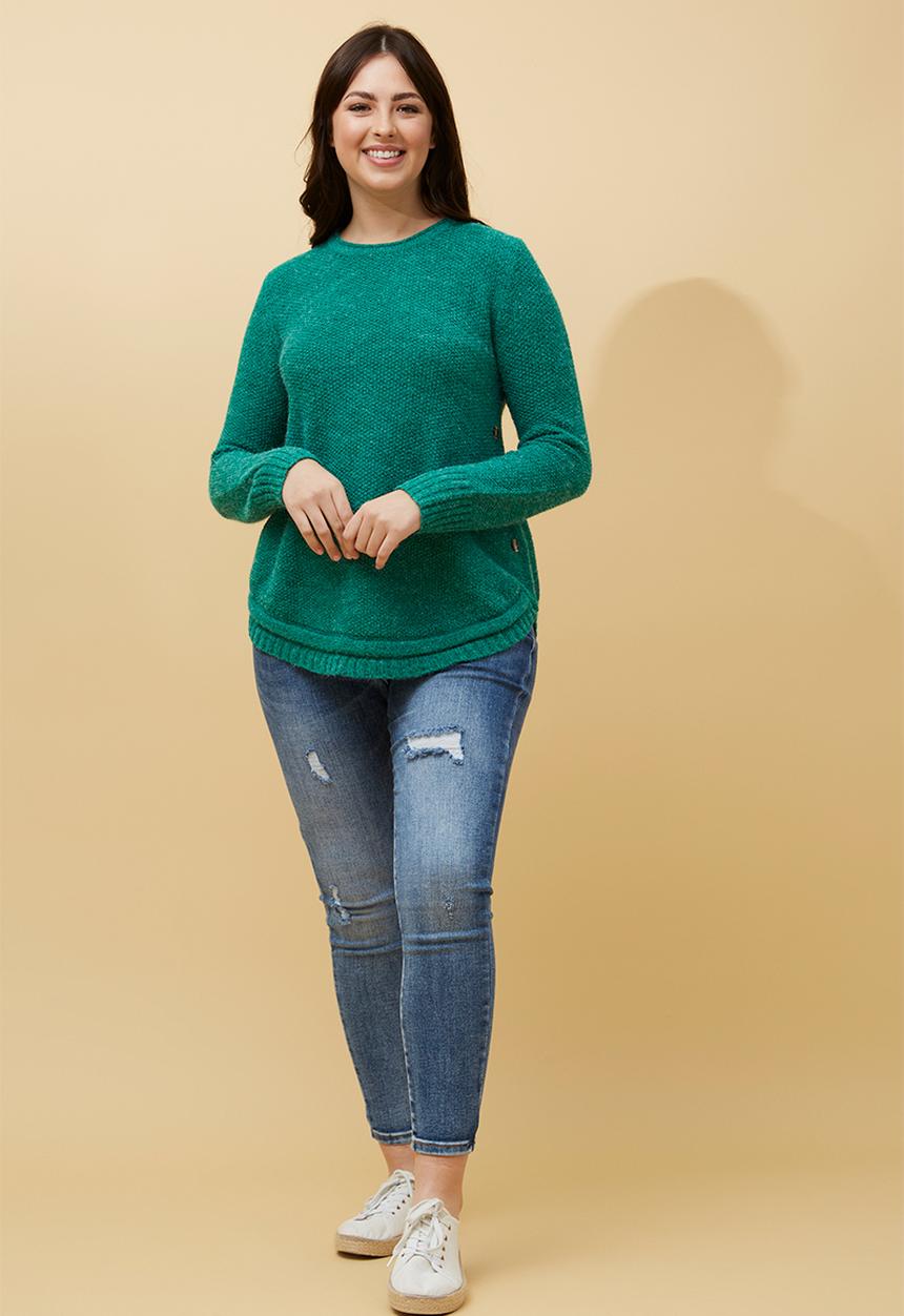 MANDI - L/S Waffle Sweater With Side Wood Buttons And Scooped Hem - Teal