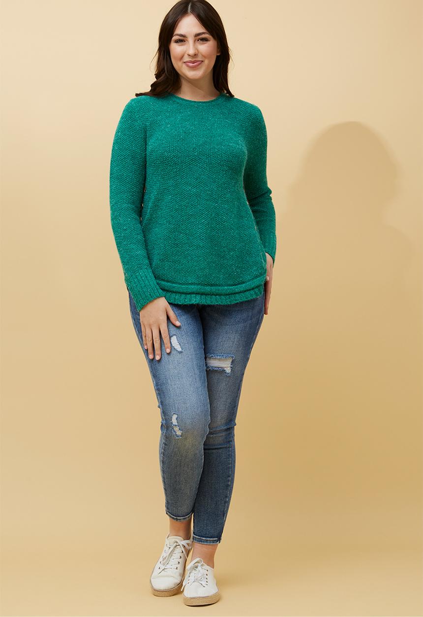MANDI - L/S Waffle Sweater With Side Wood Buttons And Scooped Hem - Teal
