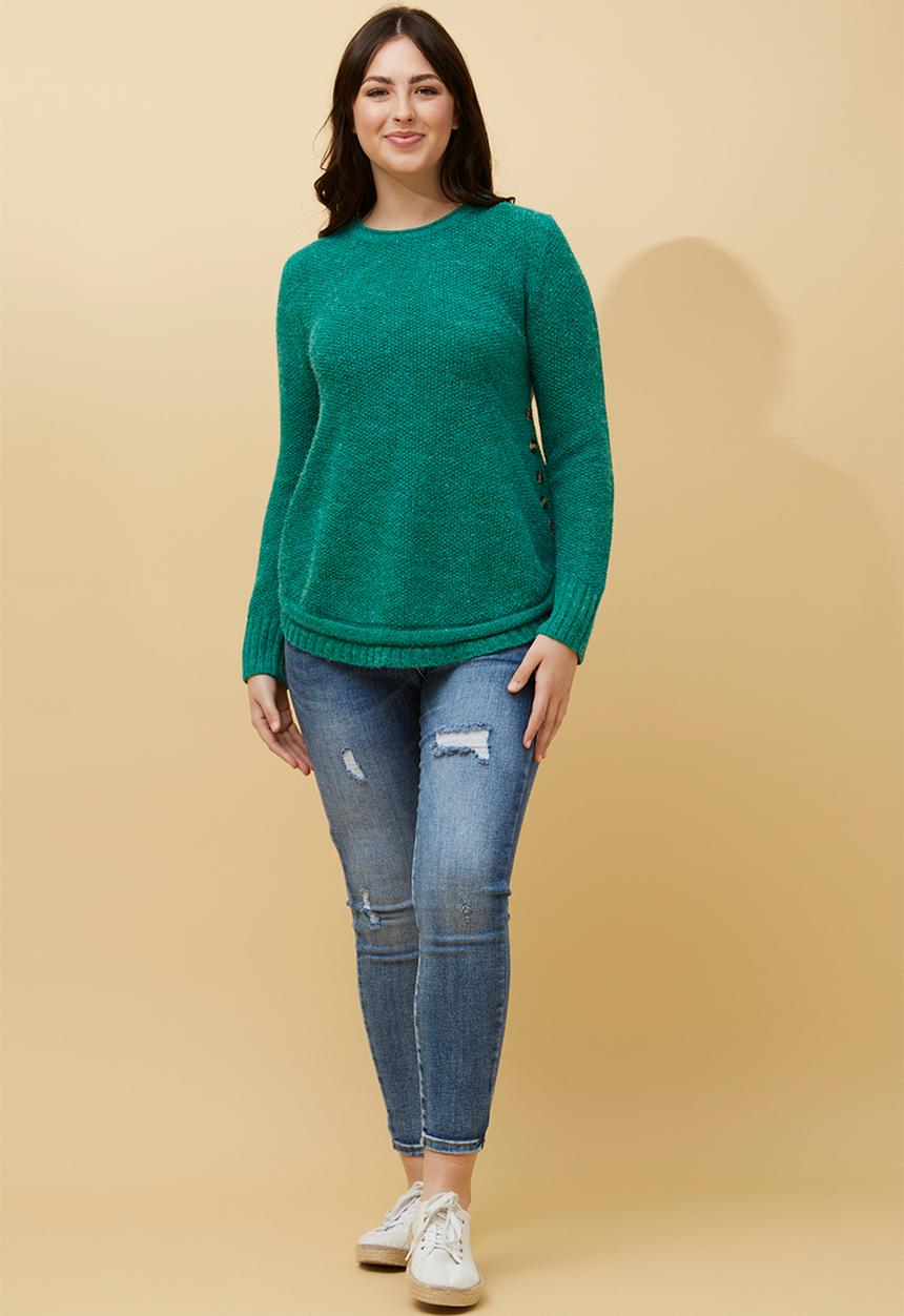 MANDI - L/S Waffle Sweater With Side Wood Buttons And Scooped Hem - Teal