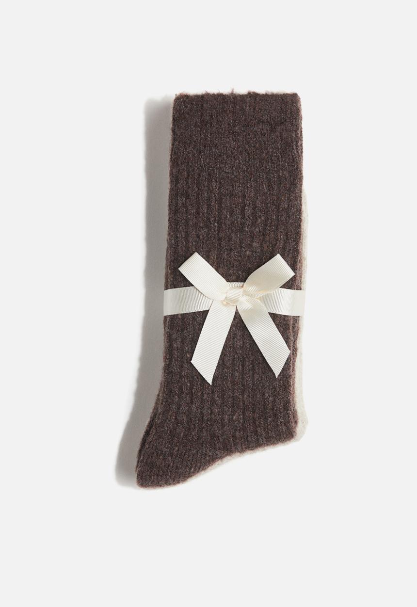 H&M - 2-pack wool-blend socks - dark brown/light beige marl