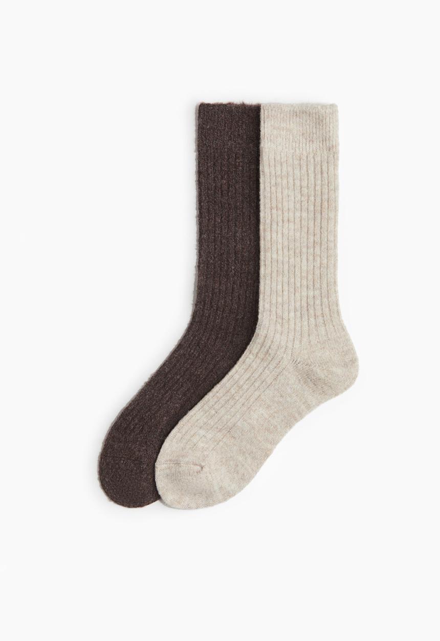 H&M - 2-pack wool-blend socks - dark brown/light beige marl